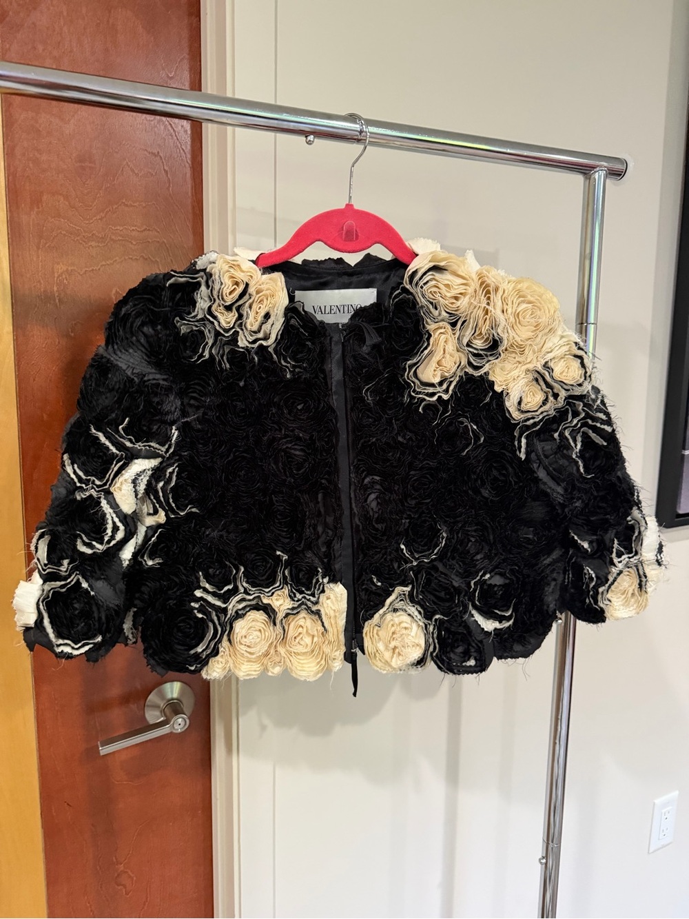 Valentino 2010s Rosier Black and Ivory Roses Jacket bolero size 8